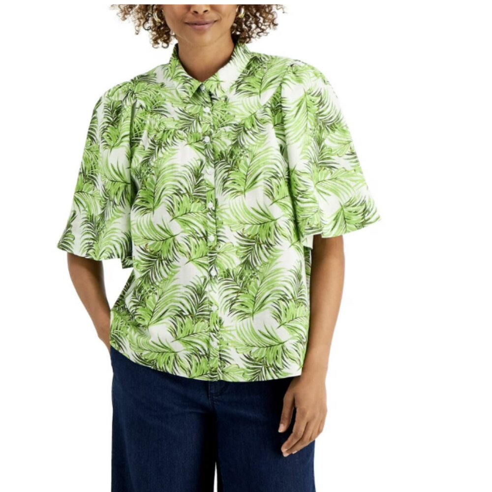 New Charter Club Green Leaf Print Linen Blend Short Sleeve Button Down XXL